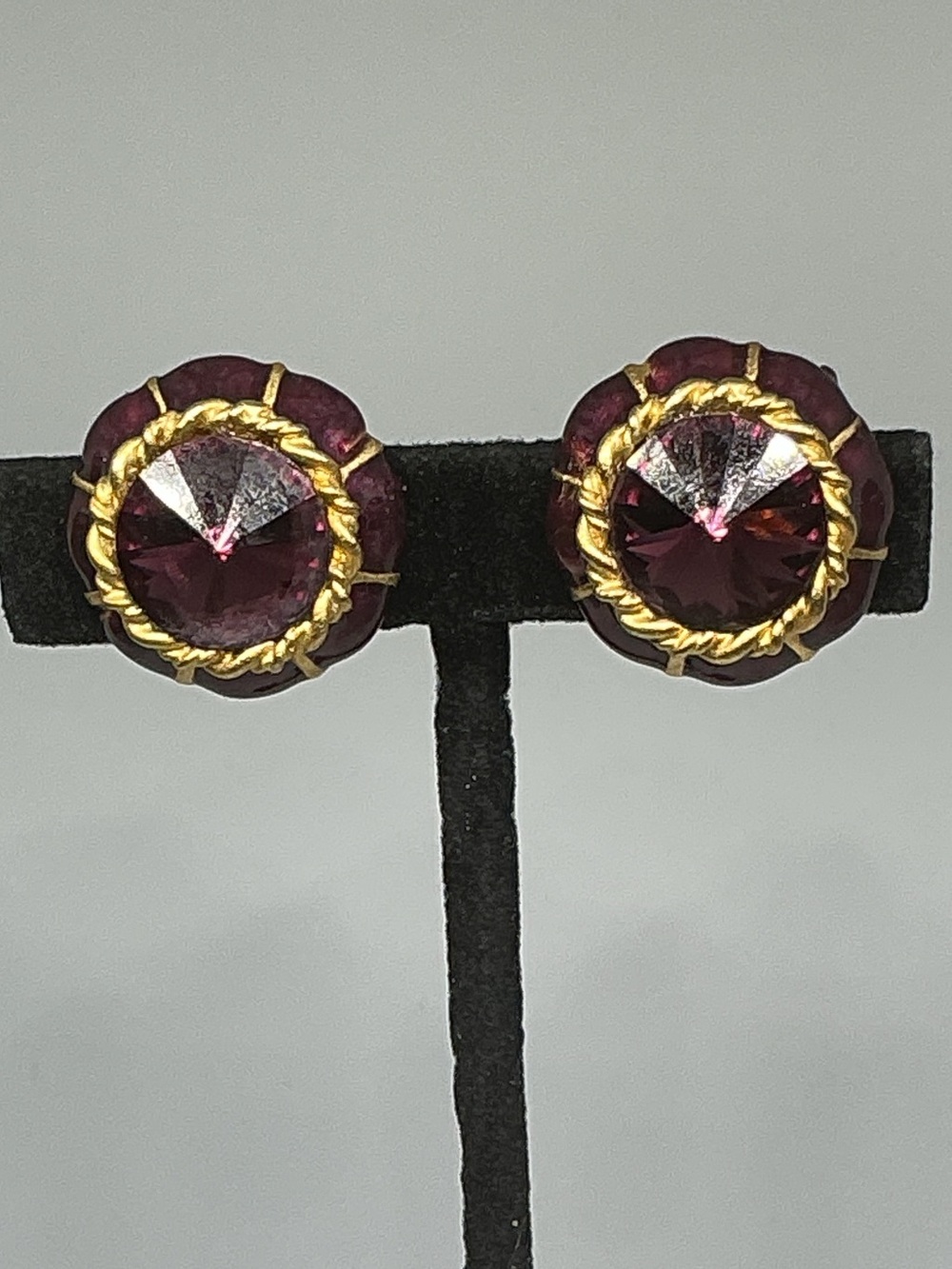 VTG Purple Rivoli Crystal Clip Earrings Gold Tone Rope Bezel Enamel Petal Frame